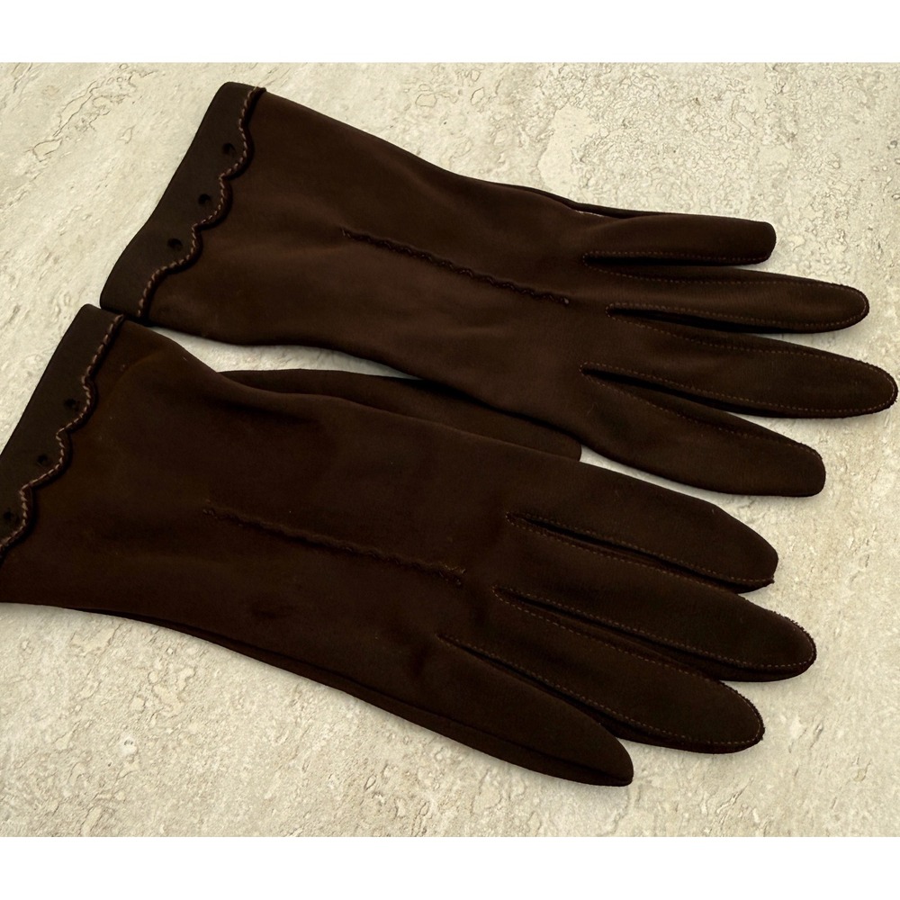 Hansen Nylasuede Vintage Brown Gloves Scalloped Eyelet Cuff Size 6.5 Washable